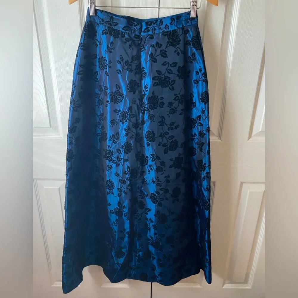 VINTAGE ALCHEMY Blue Iridescent Black Velvet Floral Burnout A-Line‎ Maxi Skirt 8
